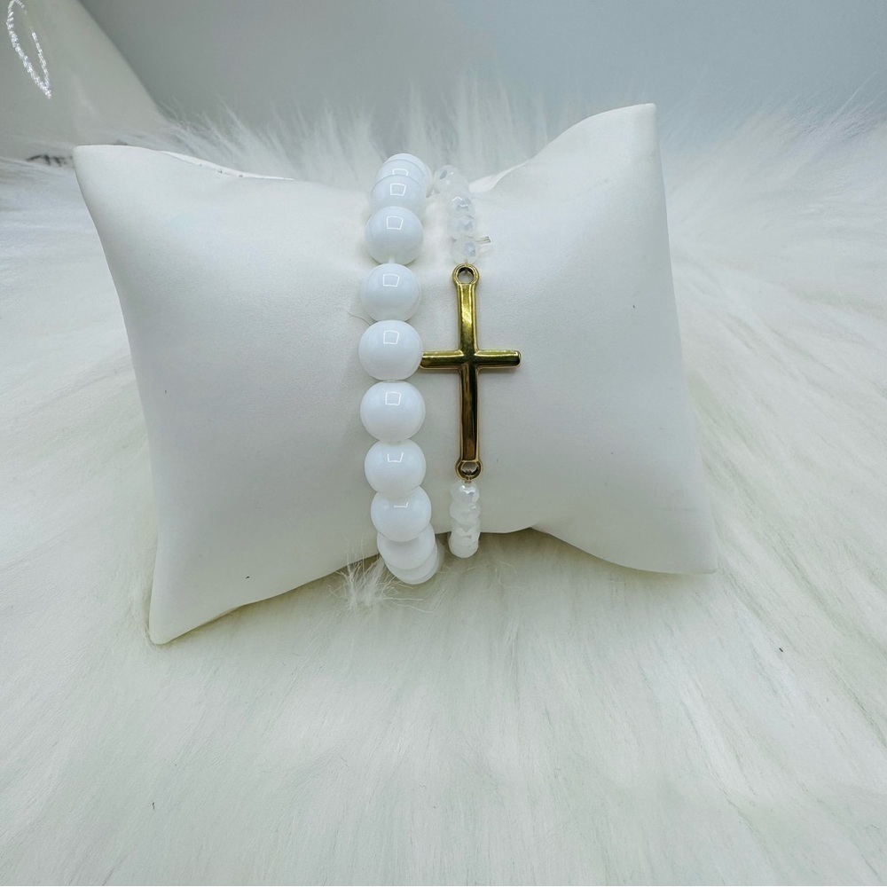 Stainless Steel Cross beaded White Theme Bracelets